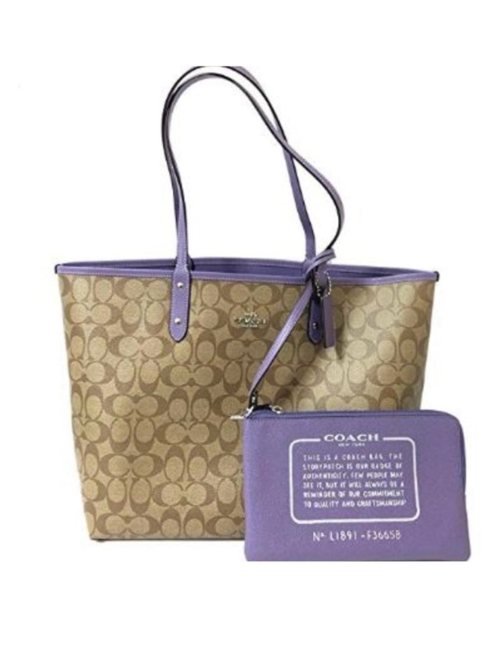Coach Signature logo reversible purple city tote bags storypatch wristlet